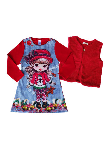 Коледна детска права рокля с дълъг ръкав с картинка на момиченце