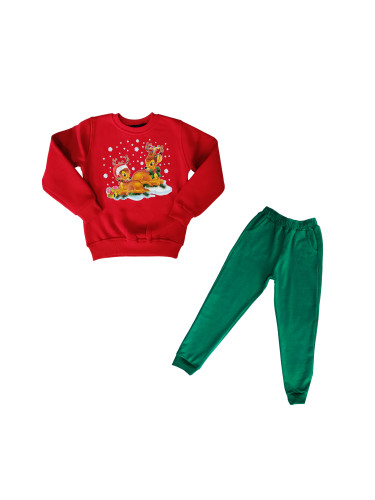 Ватиран коледен детски комплект с панталон в зелено и блуза в червено 