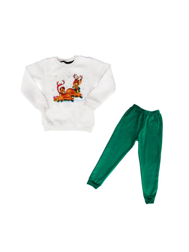 Ватиран коледен детски комплект с панталон в зелено и блуза в бяло с д