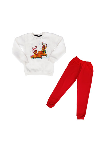 Ватиран коледен детски комплект с панталон в червено и блуза в бяло с 