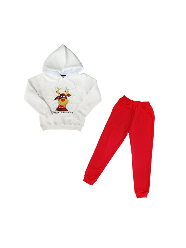 Ватиран коледен детски комплект с панталон в червено и суитшърт с качу