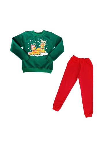Ватиран коледен детски комплект с панталон в червено и блуза в зелено 