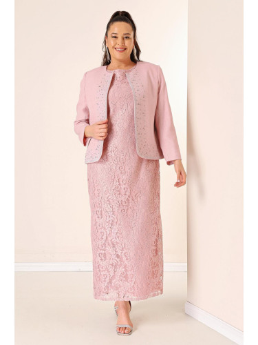 By Saygı Sleeveless Floral Lace Long Dress Stone Detailed Crepe Jacket Lined Plus Size 2-Piece Suit