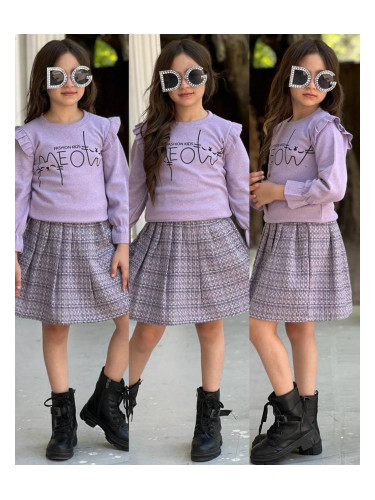 Детски комплект за момиче от карирана пола в лилаво и блуза с дълъг ръ
