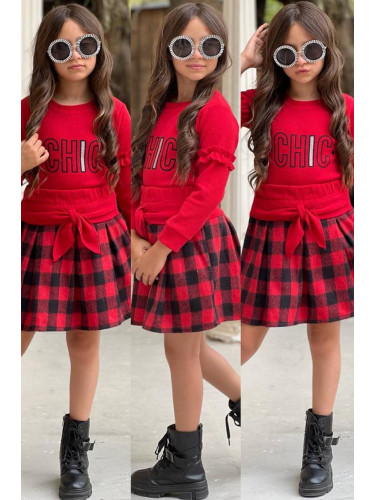 Детски комплект за момиче от карирана пола в червено и черно и блуза с