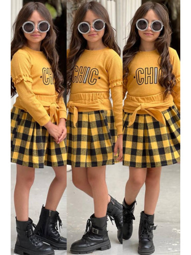 Детски комплект за момиче от карирана пола в жълто и черно и блуза с д