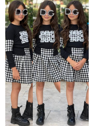 Детски комплект за момиче от карирана пола в бяло и черно и блуза с дъ