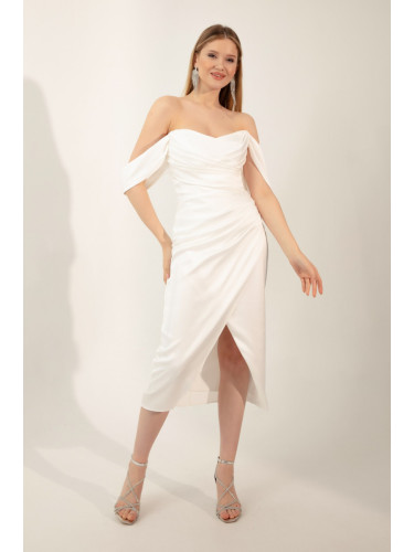 Lafaba Women's White Boat Neck Draped Midi Evening Dress