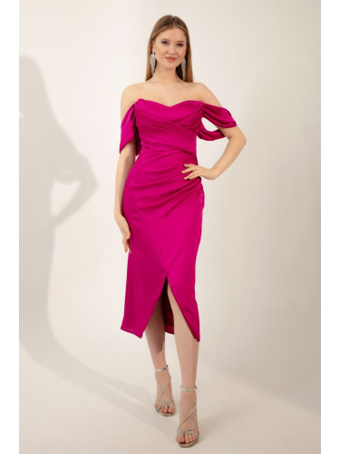 Lafaba Women's Fuchsia Boat Neck Draped Midi Evening Dress.