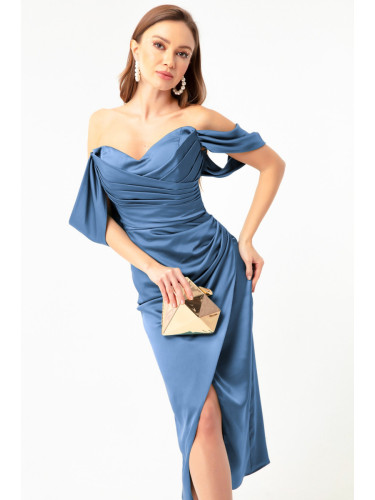 Lafaba Women's Indigo Bateau Neck Draped Midi Evening Dress.