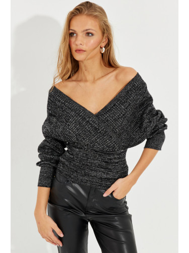 Cool & Sexy Women's Black-Silver Double Breasted Silvery Sweater