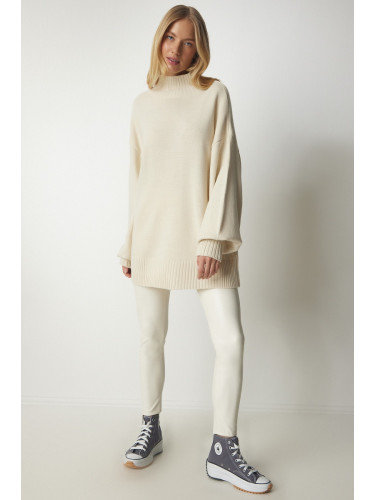 Happiness İstanbul Women's Cream Stand Oversized Basic Knitwear Sweater