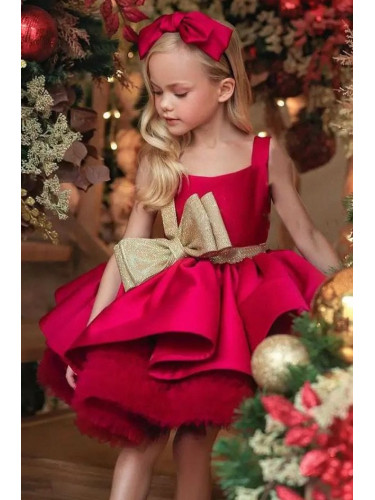 Официална детска коледна рокля от богат тюл и сатен без ръкав в червен