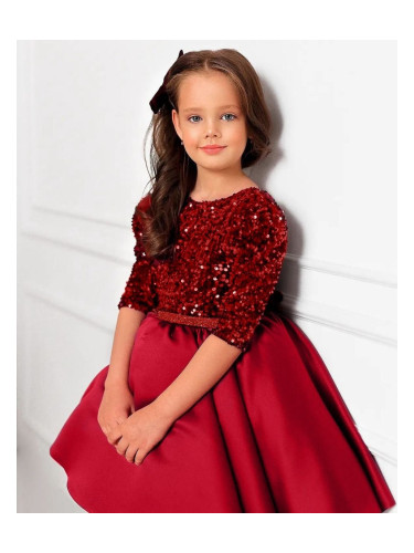 Официална детска рокля с 3/4 ръкав в червено с пайети 