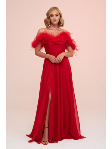 Carmen Red Chiffon Feathered Slit Long Evening Dress