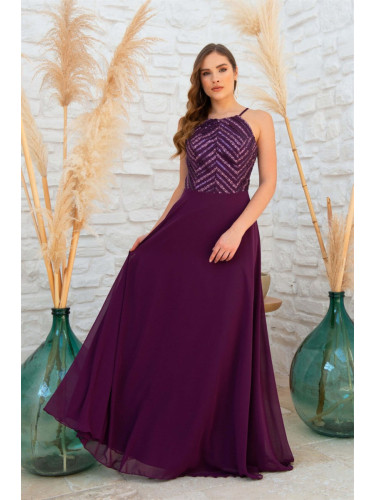 Carmen Plum Halter Sequined Long Evening Dress.