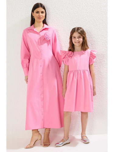 Trendyol Pink Flower Detail Buttoned Woven Mother Daughter Shirt Dress