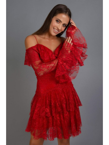 Carmen Red Lace Long Sleeve Short Evening Dress