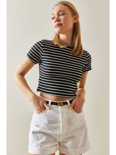 XHAN Black Crew Neck Striped Camisole Crop T-Shirt