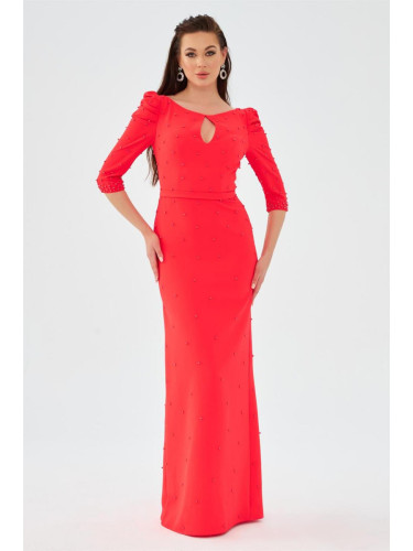 Carmen Coral Crepe Pearl Embroidered Long Evening Dress