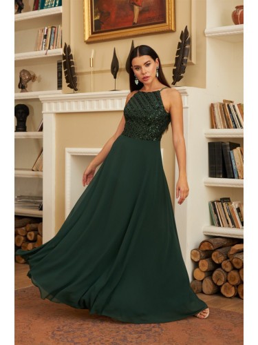 Carmen Emerald Sequined Long Evening Dress with Sequins