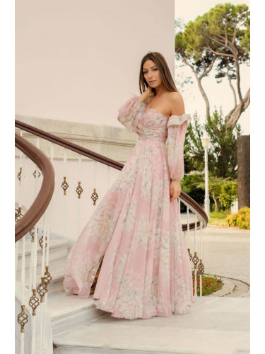 Carmen Powder Printed Low Sleeve Slit Long Evening Dress