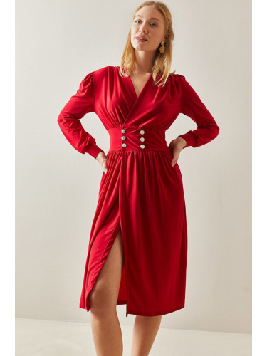 XHAN Red Double Breasted Neck Slit and Buttoned Midi Dress