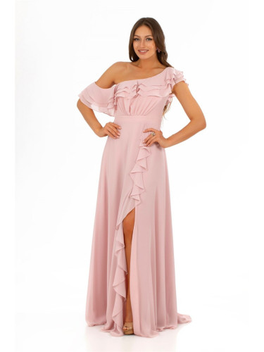 Carmen Powder Chiffon Shoulder Flounce Slit Evening Dress