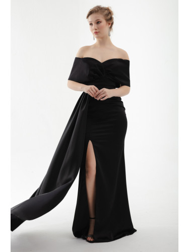 Lafaba Women's Black Boat Neck Slit Long Evening Dress