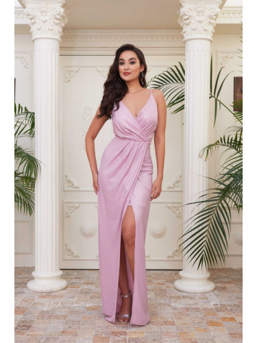 Carmen Pink Lacquered Chiffon Double Breasted Evening Dress with a Slit