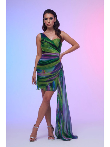 Carmen Green Printed Single Sleeve Tail Short Evening Dress