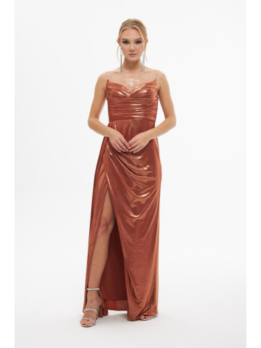 Carmen Copper Shiny Knitted Strapless Long Evening Dress