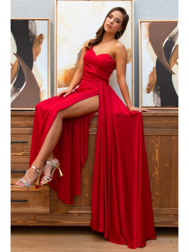 Carmen Red Satin One-Shoulder Slit Long Evening Dress
