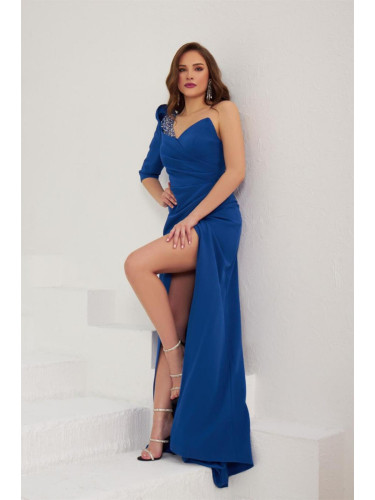 Carmen Saxe Blue Crepe One-Shoulder Long Evening Dress And Invitation Dress