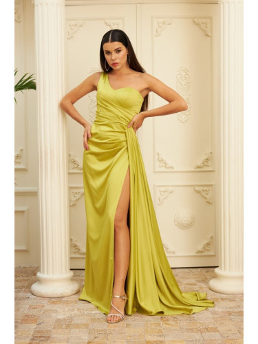 Carmen Pistachio Green Satin One-Shoulder Slit Long Evening Dress