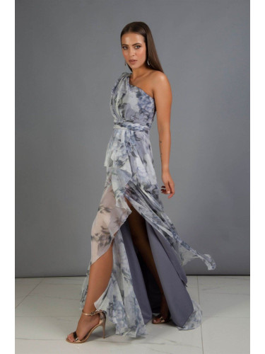 Carmen Indigo Printed Single Sleeve Slit Long Evening Dress