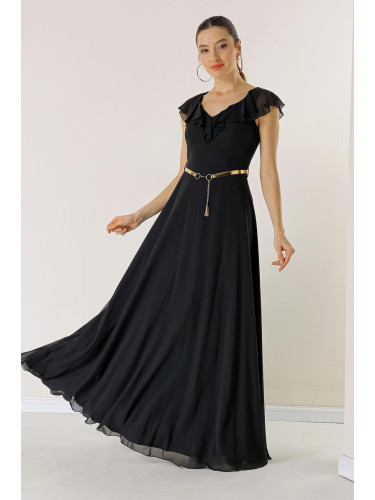 By Saygı Flounced Collar, Belted Waist, Lined Long Chiffon Dress