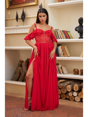 Carmen Red Flounce Top Lace Slit Evening Dress
