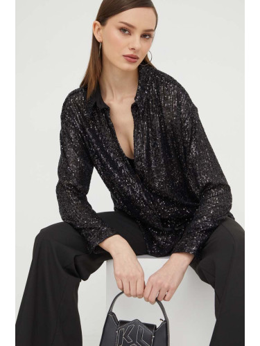 Риза Abercrombie & Fitch дамска в черно със стандартна кройка с класическа яка
