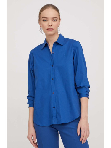 Риза HUGO дамска в синьо със стандартна кройка с класическа яка 50496339