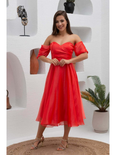 Carmen Coral Low Sleeve Organza Engagement Evening Dress