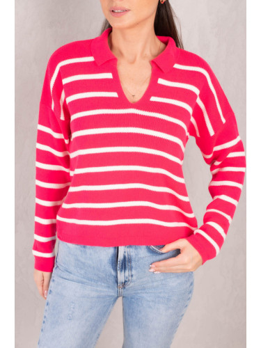 armonika Women's Light Fuchsia Striped Polo Neck Knitwear Sweater