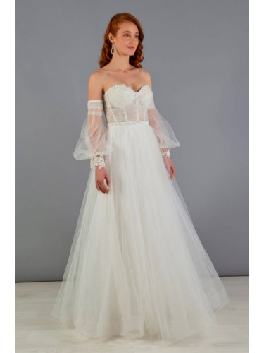 Carmen Ecru Tulle Low Sleeve Engagement Evening Dress