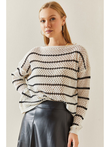XHAN Cream Oversize Hole & Striped Loose Sweater