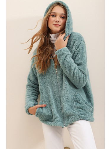 Trend Alaçatı Stili Women's Mint Hooded Zippered Front Double Pocket Oversized Plush Sweatshirt