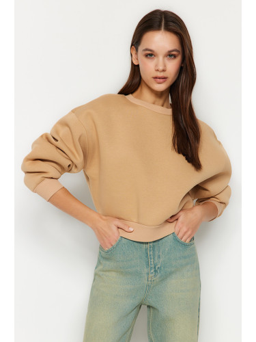 Trendyol Beige Comfort Fit Crop Basic Crew Neck Fleece Inside Knitted Sweatshirt