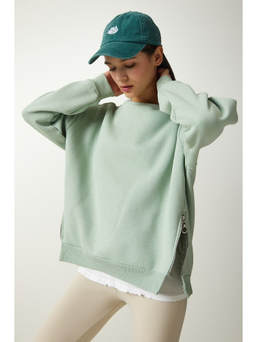 Happiness İstanbul Women's Aqua Green Zipper Detail Raised Knitted Sweatshirt