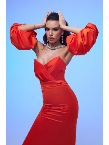Carmen Orange Satin Balloon Sleeve Short Evening Dress