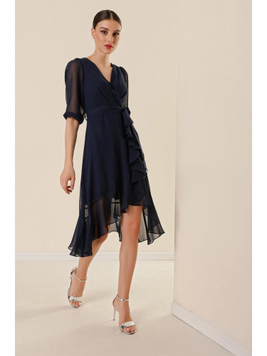 By Saygı Double Breasted Collar Skirt Flounced Waist Belted Lined Balloon Sleeve Wide Size Chiffon Dress