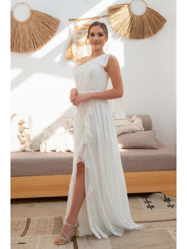 Carmen Ecru Chiffon One-Shoulder Long Evening Dress Wedding Dress And Outdoor Shooting Dress